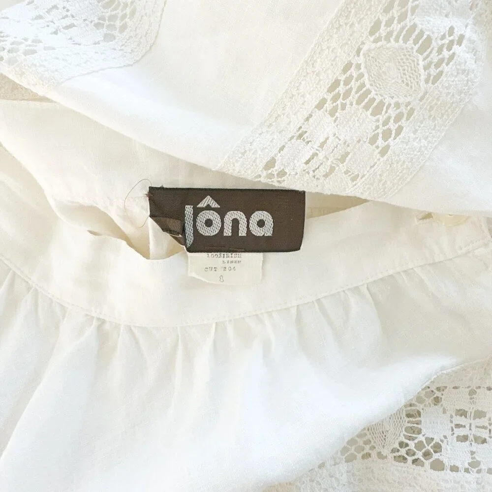 Jona Vintage Vtg White Cream Irish Linen Lace Inset Panel Full Midi Boho Skirt 8